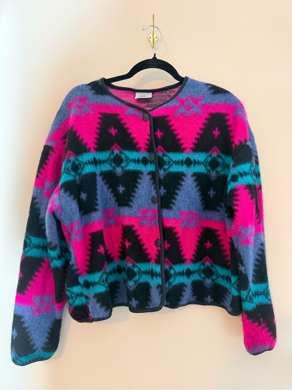 Vintage David Wayne Fleece Cardigan Jacket Aztec Southwestern Pink Turquoise XL